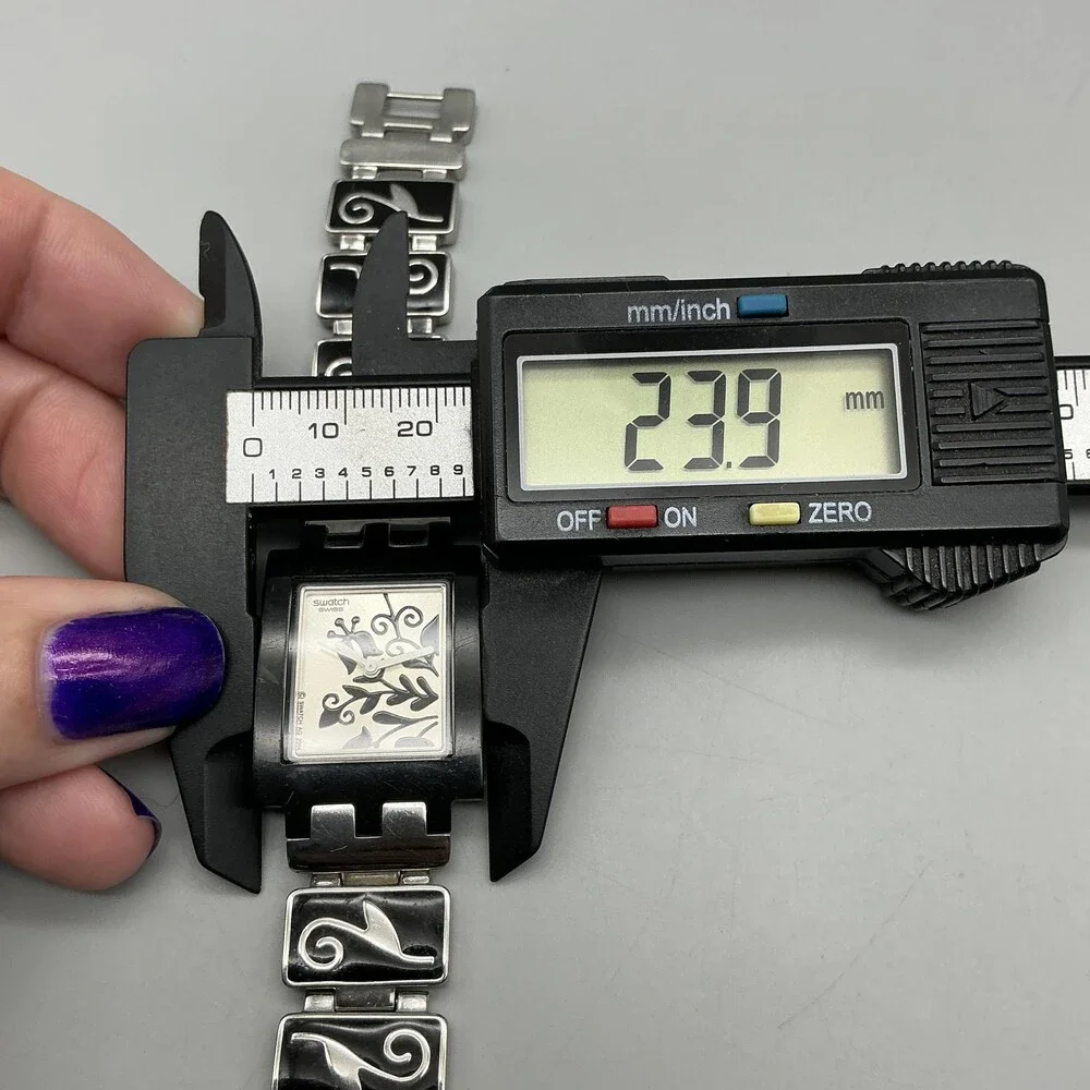 Vintage Swatch Womens Watch 24mm Silver Tone Black Floral Swiss New Battery 7